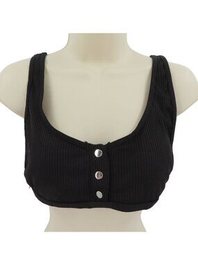 Sommer Ray Women Large Solid Black Ribbed Silver Snap Bikini Top Padded Wireless